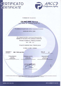 Certificazione SSG 7326 AQ 1923 UNI EN ISO 3834-2